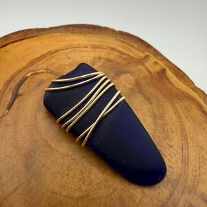 Navy Blue Tumbled Glass Pendant with Gold Wire Wrap